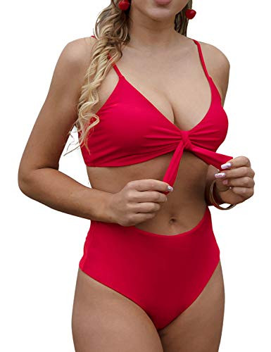 Blooming Jelly Womens High Waisted Bikini Set Tie Knot High Rise Two Piece Swimsuits Bathing Suits Medium Red