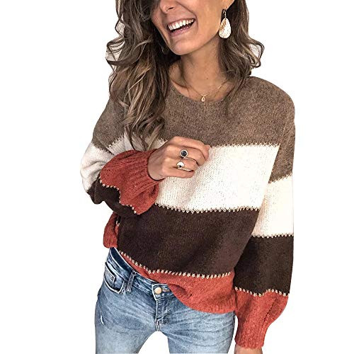 Cocobla Women Striped Color Block Knit Sweater Crewneck Loose Patchwork Jumper Pullover Coffee