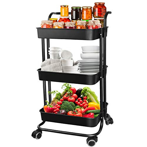 AROVA Rolling Cart Premium Utility Cart 3 Tier Rolling Cart with Wheels Rolling Storage Cart for OfficeHomeKitchenBathroom