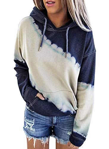 Diukia Womens Hoodie Fashion Tie Dye Print Color Block Drawstring Hoodie Sweatshirt Long Sleeve Pocket Hoodie Pullover Tops for Autumn Fall Winter Spring Blue Large