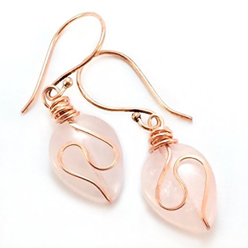 Pink Rose Quartz Copper Wire Wrapped Gemstone Spiral Earrings 1_25 inch