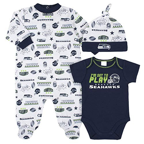 NFL Seattle Seahawks 3 Pack Bodysuit Sleep n Play Footie Cap Registry Gift Set BlueWhite Seattle Seahawks 3-6M