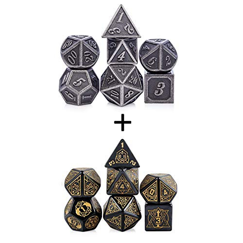 DNDND Ancient Silver Metal Dice D D and 25MM Constellation Dice Set D D Black with Gold Number