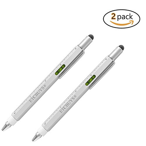 Screwdriver Pen Pocket Multi-Tool 6 in 1  Multi-Functional & Sturdy Aluminum DIY Tool, With Screwdriver, Stylus, Bubble Level, Ruler & Phillips Flathead Bit, Unique Gift Idea - 2 Pack, Silver