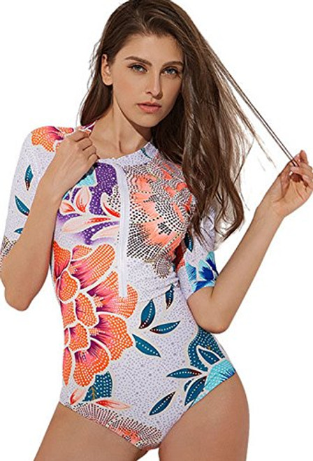 KURUISI Womens Rashguard Half Sleeve One Piece Zip UV Protection Surfing Swimsuit Swimwear Bathing Suits S Flowers B