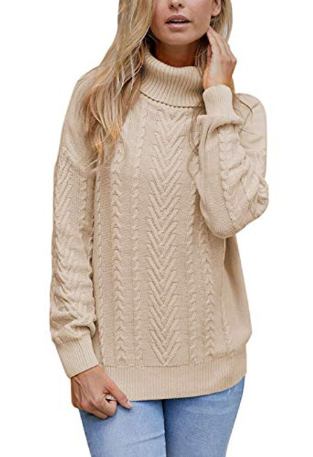 Pink Queen Womens Turtleneck Long Sleeve Casual Solid Loose Chunky Knit Pullover Sweaters Apricot M