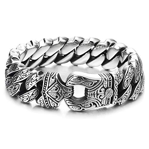 Mens Steel Vintage Fancy Curb Chain Bracelet with Tribal Tattoo Pattern Retro Style Masculine