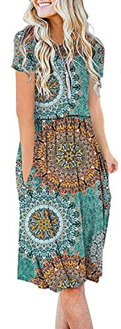 AUSELILY Womens Short Sleeve Pockets Empire Waist Loose Swing Casual Flare Print Floral Pleated Dress L H Green AUSELILY Womens Short Sleeve Pockets Empire Waist Loose Swing Casual Flare Print Floral Pleated Dress L H Green