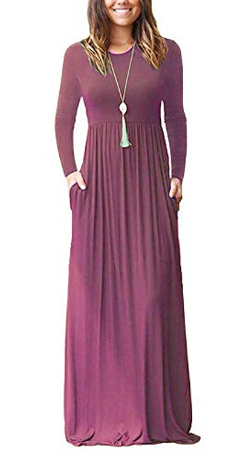 AUSELILY Women Long Sleeve Loose Plain Maxi Dresses Casual Long Dresses with Pockets M Mauve2