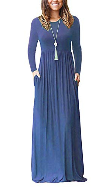 AUSELILY Women Long Sleeve Loose Plain Maxi Dresses Casual Long Dresses with Pockets L Beja Blue2