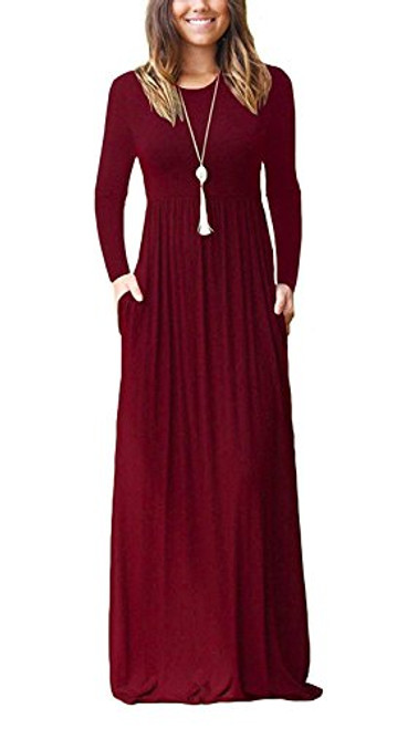 AUSELILY Womens Long Sleeve Casual Loose Pocket Maxi Party Long Dresses with Pockets L Wine Red