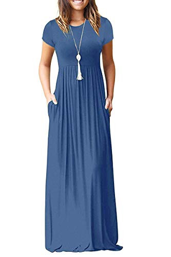 AUSELILY Women Solid Plain Short Sleeve Loose Casual Long Maxi Dresses with Pockets Medium Blue Grey Blue SBeja Blue