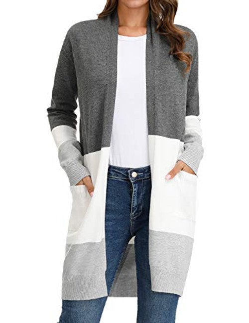 GRACE KARIN Women Open Front Long Sleeve Knit Pockets Cardigan Sweaters Block Color-2 XXL