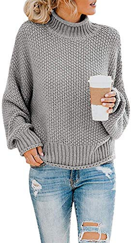 SVALIY Womens Oversized Turtlenecks Sweaters Batwing Long Sleeve Chunky Pullover Knit Jumper Gray M