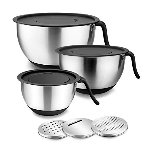 Stainless Steel Mixing Bowls with Lids E-far Metal Mixing Bowl Set with 3 Graters Long Handle Pour Spout Non-Slip Bottom   Stackable Great for Cooking Baking Prepping 531_5 QT - 3 PCSBlack