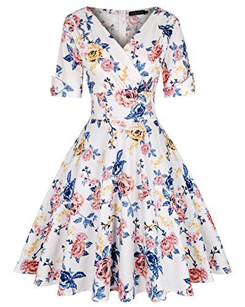 MINTLIMIT Womens Criss-Cross V-Neck Half Sleeve Floral Casual Work Party Tea Swing Dress Floral White Pink BlueSize 2XL