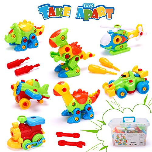 Dinosaur Toys Take Apart Toys with Container - Set of 7 Building STEM Toys Including Dinosaurs Airplane Train Car Construction Engineering Building Play Set for Boys Girls Age 3 - 12 Years Old