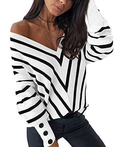 LANISEN Color Block Sweaters for WomenLadies Trendy Off The Shoulder Loose Knit Sweaters V Neck Batwing Sleeve Oversized Pullover Jumpers White-Striped XL
