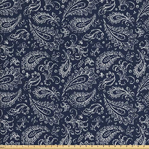 Ambesonne Paisley Fabric by The Yard Vintage Ornament Bohemian Motifs with Grunge Look Hand Drawn Style Pattern Decorative Fabric for Upholstery and Home Accents 2 Yards Blue White