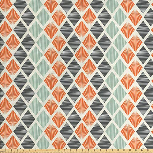 Lunarable Geometric Fabric by The Yard Pop Art Style Retro Rhombus Fractal with Stripes Nostalgic Graphic Print Decorative Fabric for Upholstery and Home Accents 2 Yards Green Orange