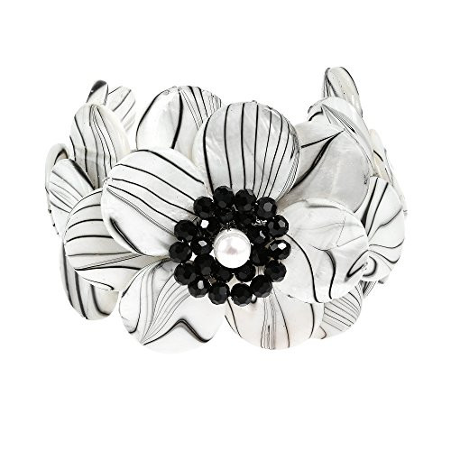 AeraVida Zebra Painted Mother of Pearl Shell Cluster Flower Cuff Bracelet AeraVida Zebra Painted Mother of Pearl Shell Cluster Flower Cuff Bracelet