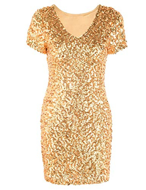 PrettyGuide Women Sequin Dress V Neck Sparkle Short Sleeve Bodycon Stretchy Mini Party Dress Gold S