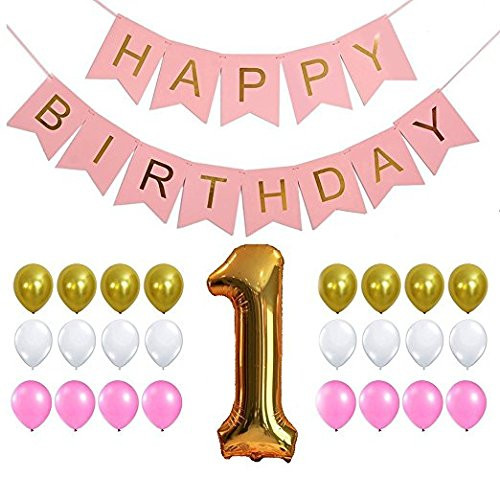 1st Birthday Girl Decorations Kit - Beautiful Girl Colors for Little Girl First Birthday Decorations - Gold Number One Balloon - Happy Birthday Banner - Pink, Gold and White Pink Pom Poms Balloons