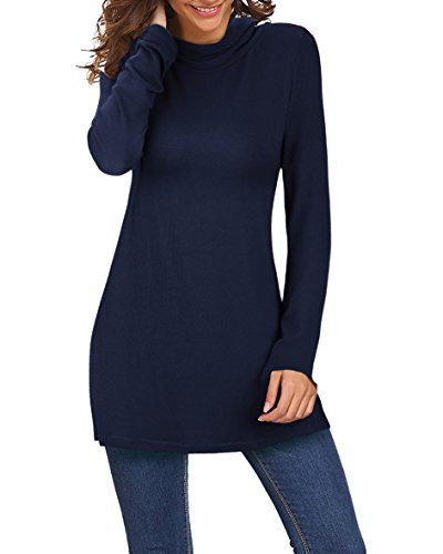 KILIG Womens Long Sleeve Turtleneck Hankerchief Hem Loose Casual Sweater Tunic TopsNavyLarge