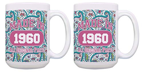 60th Birthday Mug Set Made In 1960 All Original Parts B-day 2 Pack 15-oz Coffee Mugs Tea Cups Paisley