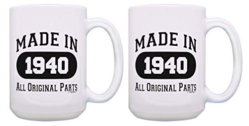 80th Birthday Mug Set Made In 1940 All Original Parts B-day 2 Pack 15-oz Coffee Mugs Tea Cups White
