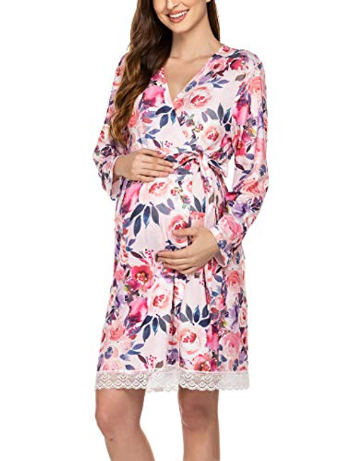 Ekouaer Women Maternity Robe for Hospital Labor and Delivery Gown Floral Print Lace Bathrobes Rose