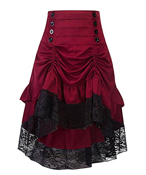 Sorrica Womens Steampunk Retro Gothic Vintage Ruffle High Low Gypsy Hippie Lace Party Skirt XXL Wine Red