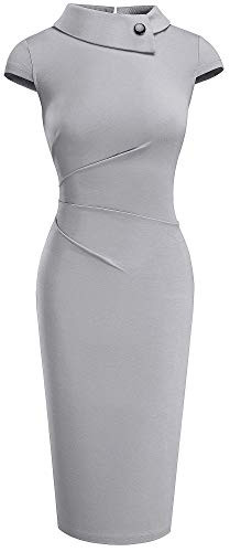 HOMEYEE Womens Retro Pleated Bodycon Work Office Pencil Dresses B574Gray8