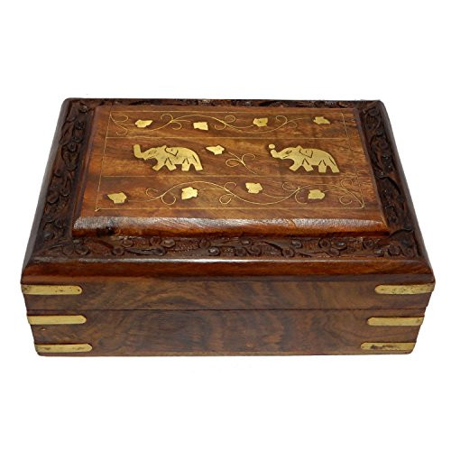 IndiaBigShop Decorative Wooden Jewelry Trinket Holder Keepsake Storage Box Organizer with Intricately Hand Carved Double Elephant Brass Inlay & Velvet Interior 7 X 5 Inch IndiaBigShop Decorative Wooden Jewelry Trinket Holder Keepsake Storage Box Organizer with Intricately Hand Carved Double Elephant Brass Inlay & Velvet Interior 7 X 5 Inch