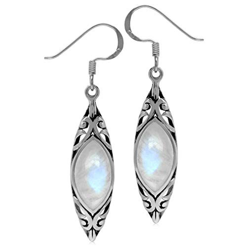 Silvershake 14X7mm Natural Marquise Shape Moonstone 925 Sterling Silver Filigree Dangle Hook Earrings Silvershake 14X7mm Natural Marquise Shape Moonstone 925 Sterling Silver Filigree Dangle Hook Earrings