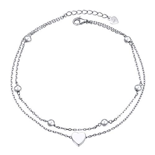 Flyow Anklet for Women S925 Sterling Silver Adjustable Foot Beaded Heart Charm Ankle Bracelet Anklets Jewelry