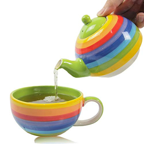 CinMin Rainbow Striped Ceramic Stoneware Handpainted Tea for One