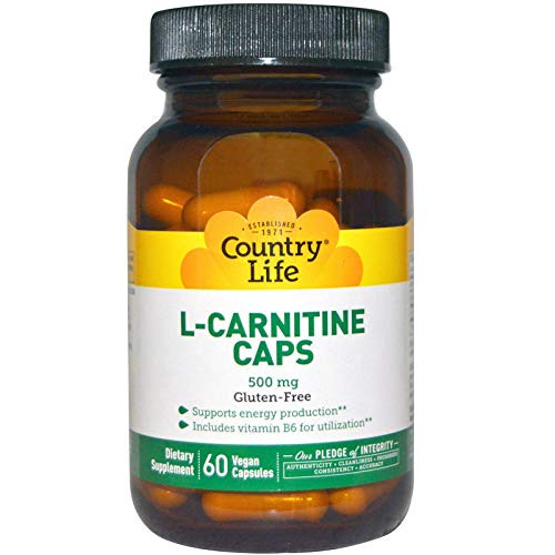 Country Life L-Carnitine Caps - 500 mg with Vitamin B6-180 Capsules - May Help Support Energy Production - Aids Utilization - Gluten-Free
