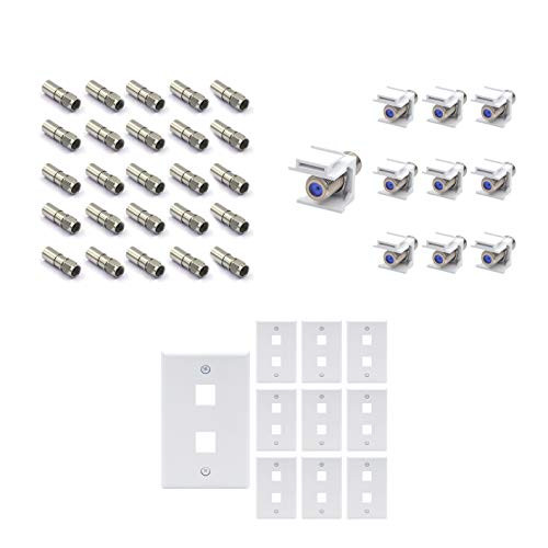 VCE 25 Pack RG6 F Type Compression Connector Bundle with 10-Pack 3 GHz Coaxial Keystone Jack Insert and 2-Port Keystone Wall Plate 10 Pack