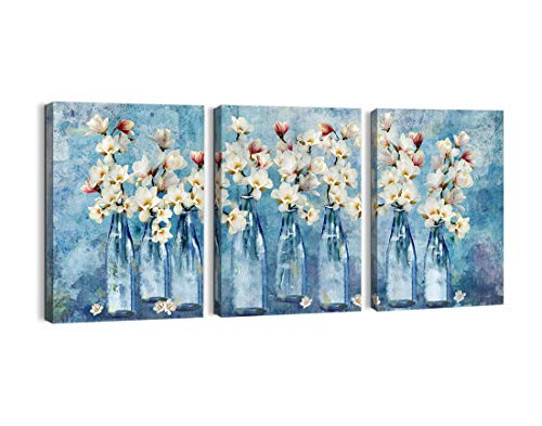 Bathroom Decor Canvas Wall Art for Living Room Blue Theme Flower Painting Pictures Wall Decor for Bedroom Decor Modern Wall Decoration Framed Wall Decor Artwork for Home Walls Size 12x16x3 Panels