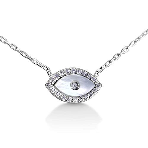 Evil Eye Necklace in Sterling Silver With Mother of Pearl Choker Pendant Sparkling Cubic Zirconia Stones for Women