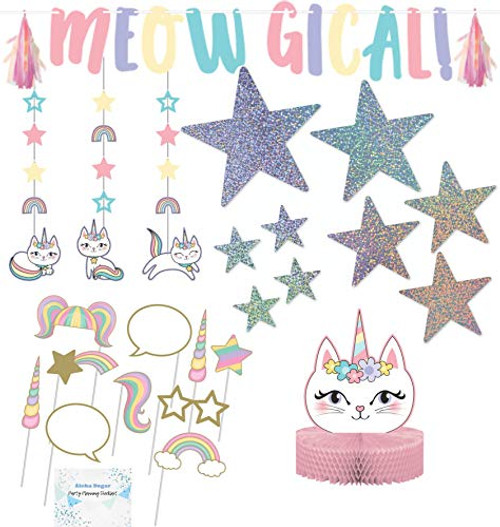 Caticorn Party Supplies and Decorations - Includes Meowgical Caticorn Birthday Banner Hanging Decorations and Centerpiece - Caticorn Photo Props and Star Cutouts - Perfect Caticorn Birthday Party Decorations and Cat Birthday Party Supplies