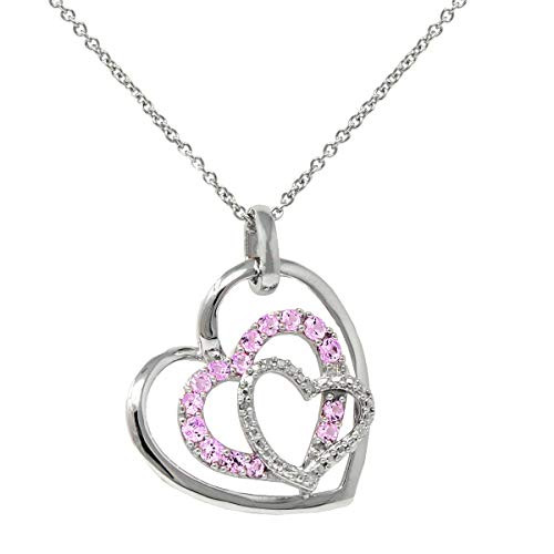 Lab Created Pink Sapphire with Natural Diamond Heart Pendant-Necklace in Sterling Silver