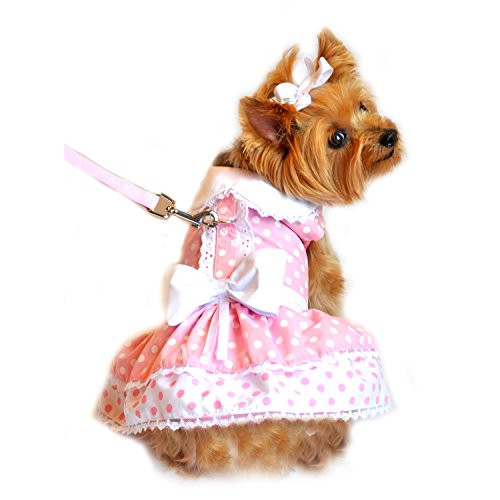 DOGGIE DESIGN Pink Polka Dot and Lace Dog Harness Dress Set Small