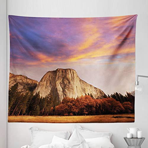 Lunarable Yosemite Tapestry King Size Sunset Colorful Clouds Over El Capitan and Autumn Forest Wilderness Nature Theme Wall Hanging Bedspread Bed Cover Wall Decor 104 X 88 Orange Brown