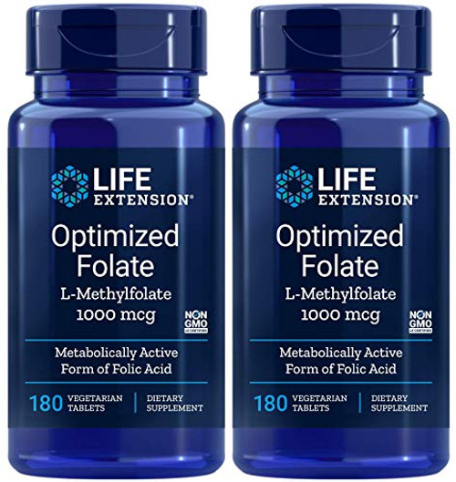 Life Extension Optimized Folate 180 Veg Tablets Pack of 2 L-Methylfolate 5-MTHF 1000 mcg  1 mg
