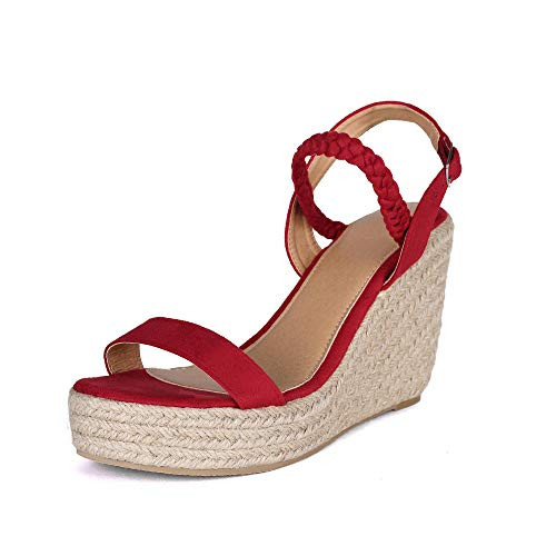 Nailyhome Womens Espadrilles Wedges Sandals Peep Toe Single Band with Buckled Ankle Strap Slingback Summer Shoes Red