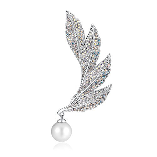PLATO H Cultured Pearl Leaf Brooch with Swarovski Crystal for Her Women Fashion Jewelry PLATO H Cultured Pearl Leaf Brooch with Swarovski Crystal for Her Women Fashion Jewelry