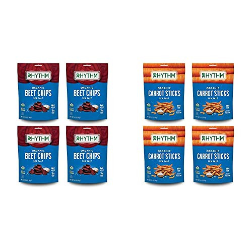 Rhythm Superfoods Beet Chips Sea Salt Organic and Non-GMO 1_4 Oz Pack Of 4   Carrot Sticks Sea Salt Organic   Non-GMO 1_4 Oz Pack Of 4 VeganGluten-Free Superfood Snacks