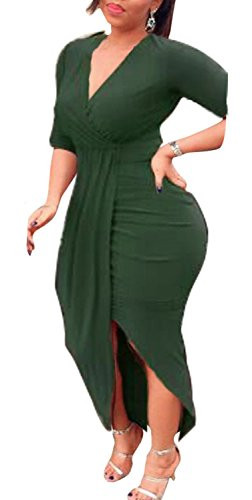 AM CLOTHES Club Dresses for Women Long Sleeve Date Night Dresses Bodycon Asymmetrical Hem Midi Dress Green M